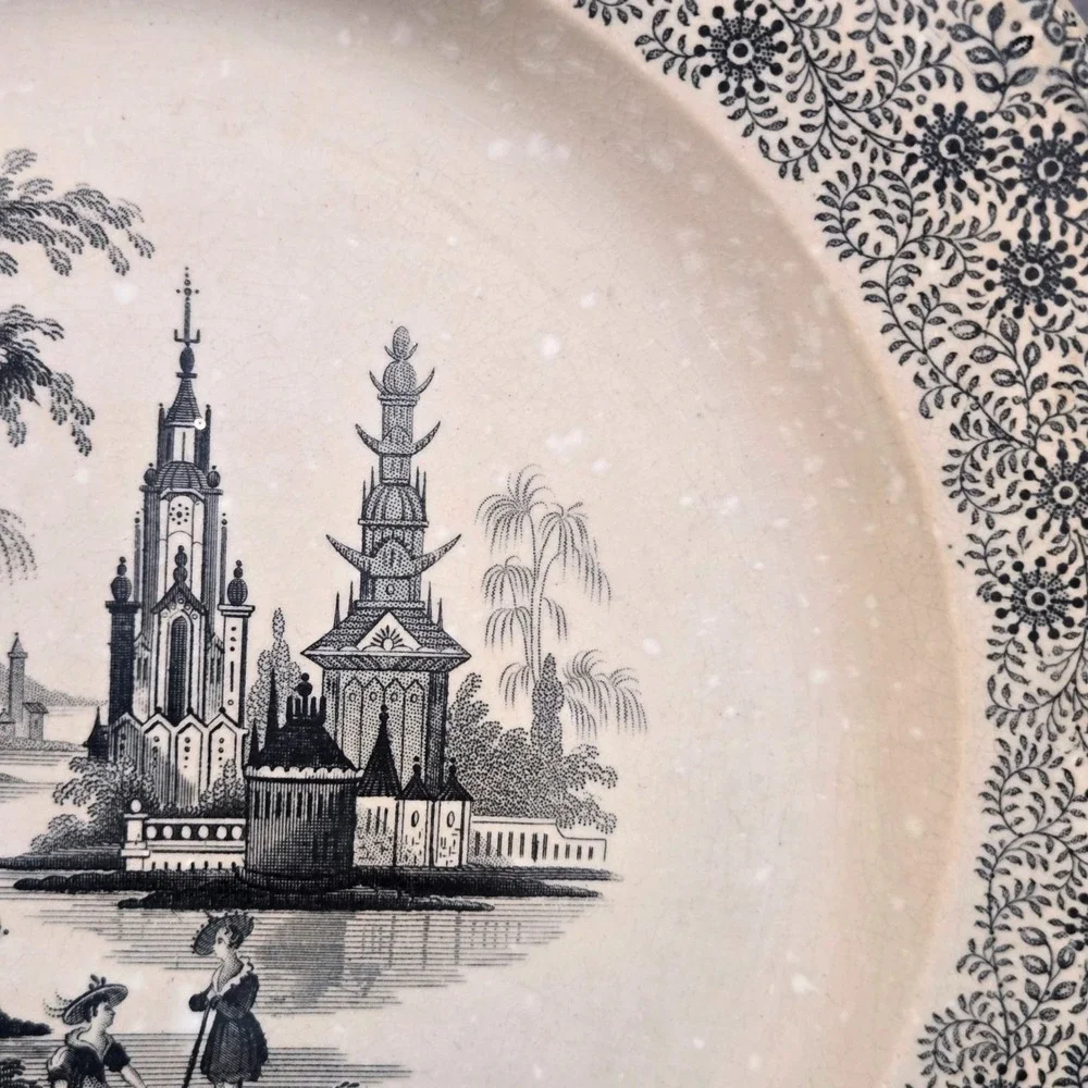 Antique Wood Challinor Staffordshire Mesina Plate Black Transferware Romantic